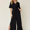 V-Neck Tie Front Short Sleeve Slit Jumpsuit | Full Size - Black