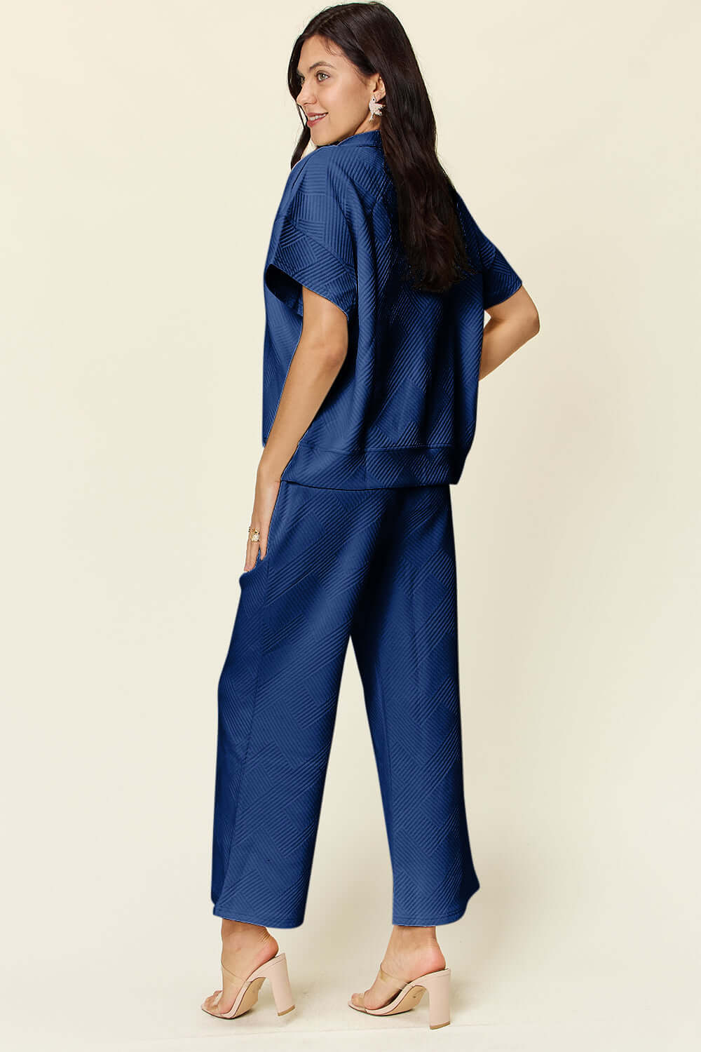 DOUBLE TAKE Full Size Texture Half Zip Short Sleeve Top and Pants Set at Bella Road