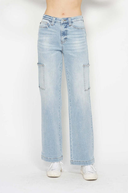 High waist straight cargo jeans with multiple pockets, Judy Blue Jeans, light blue denim, practical and trendy design, front view