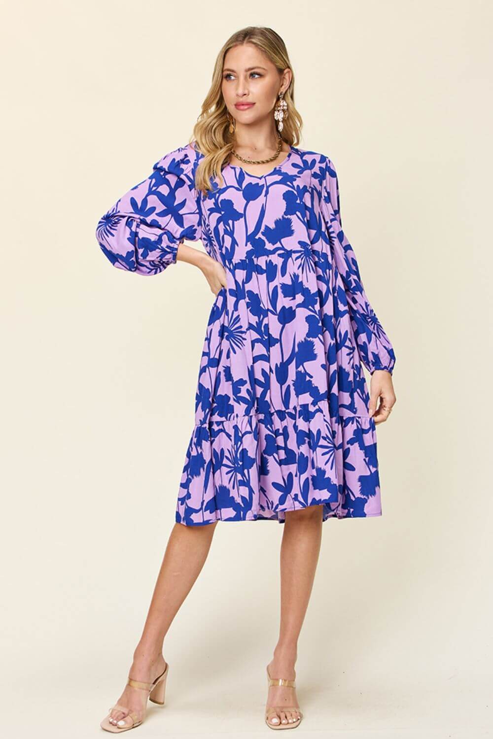 DOUBLE TAKE Full Size Printed Ruffle Hem Long Sleeve Dress at Bella Road