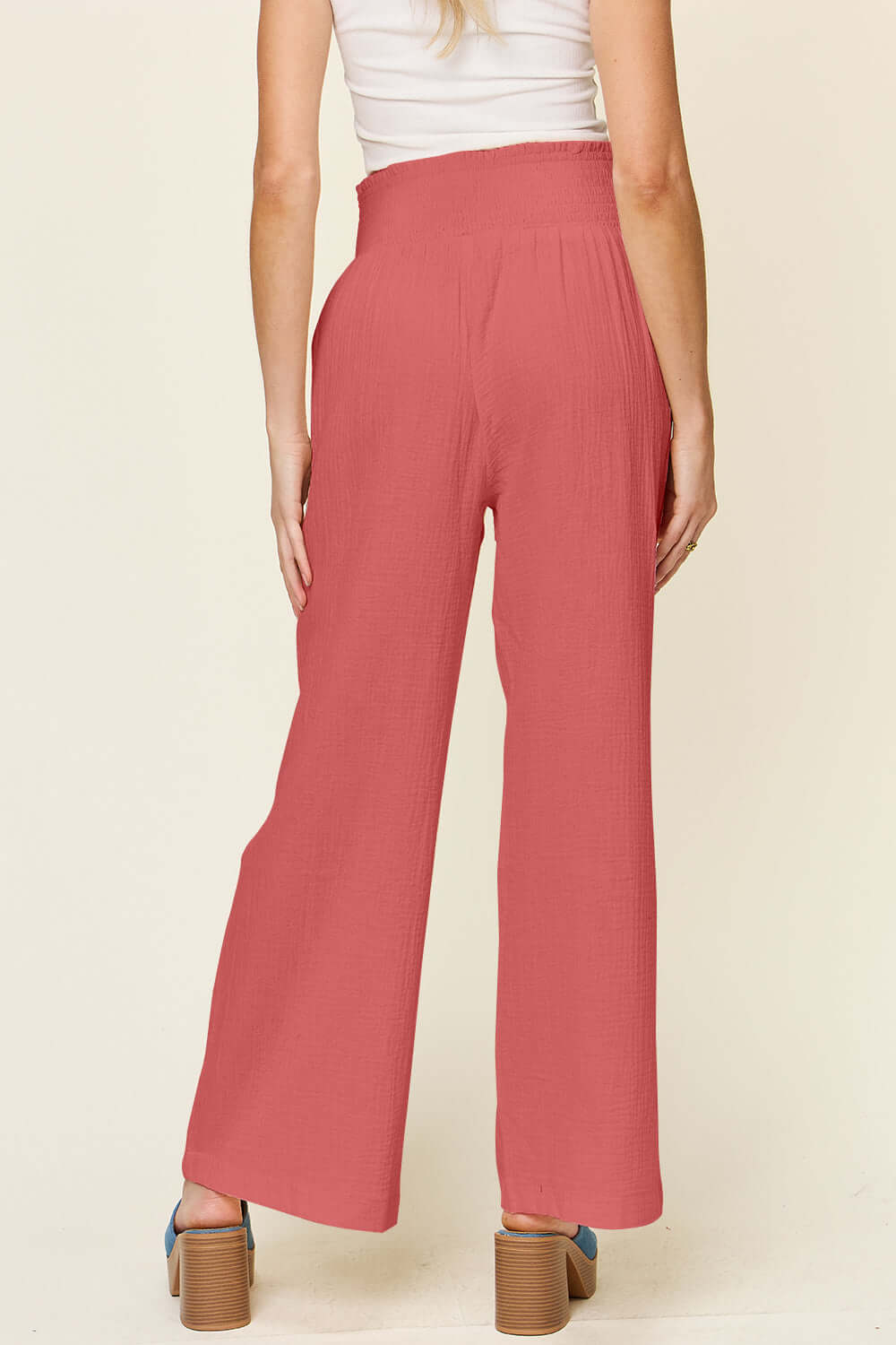 DOUBLE TAKE Full Size Texture Smocked Waist Wide Leg Pants at Bella Road