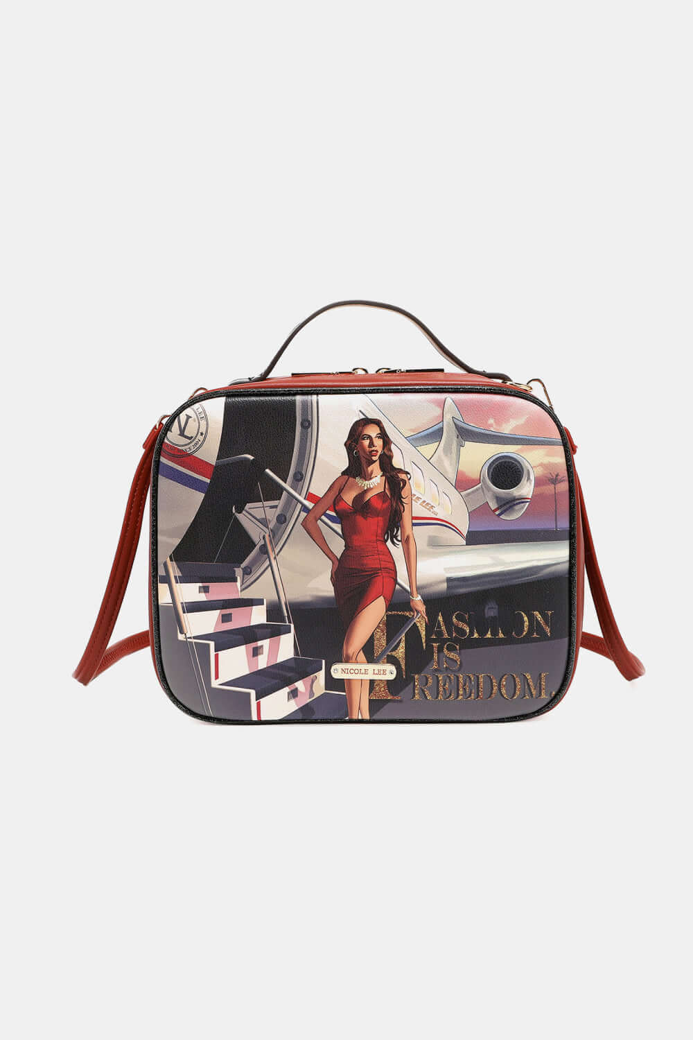 Nicole Lee USA printed handbag with three pouches featuring a stylish design and red straps, made from pebbled and glossy patent leather.