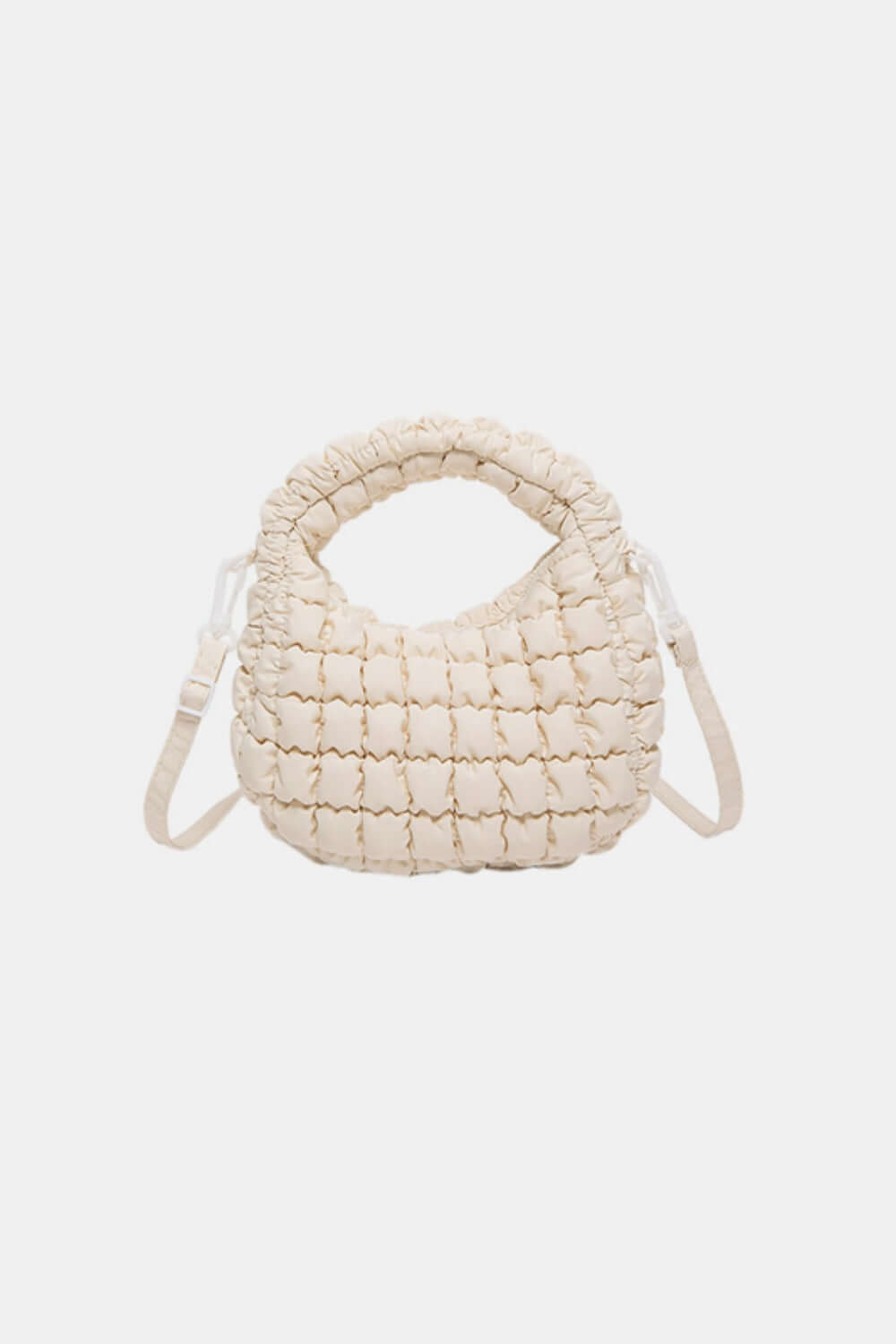 Quilted Puffy Removable Strap Crossbody Bag in beige with unique design and versatile strap for clutch option, perfect for any occasion.