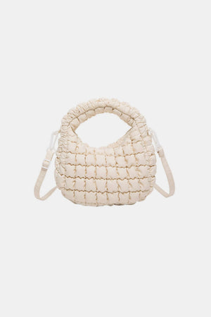 Quilted Puffy Removable Strap Crossbody Bag in beige with unique design and versatile strap for clutch option, perfect for any occasion.