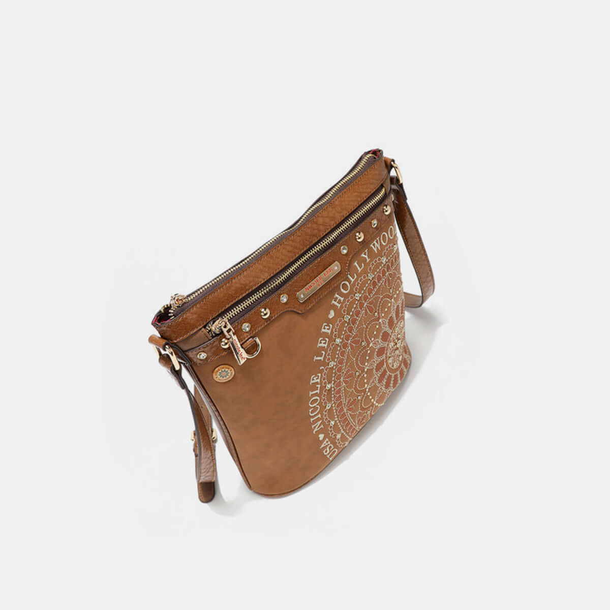 Nicole Lee USA crossbody bag with metallic stitching, diamond rhinestones, front and back zip pockets for practical storage