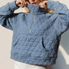 Double Take Half Zip Long Sleeve Quilted Sweatshirt with Pocket - Light Blue