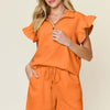 Texture Flounce Sleeve Top and Drawstring Shorts Set | Full Size - Tangerine