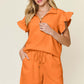 DOUBLE TAKE Full Size Texture Flounce Sleeve Top and Drawstring Shorts Set at Bella Road