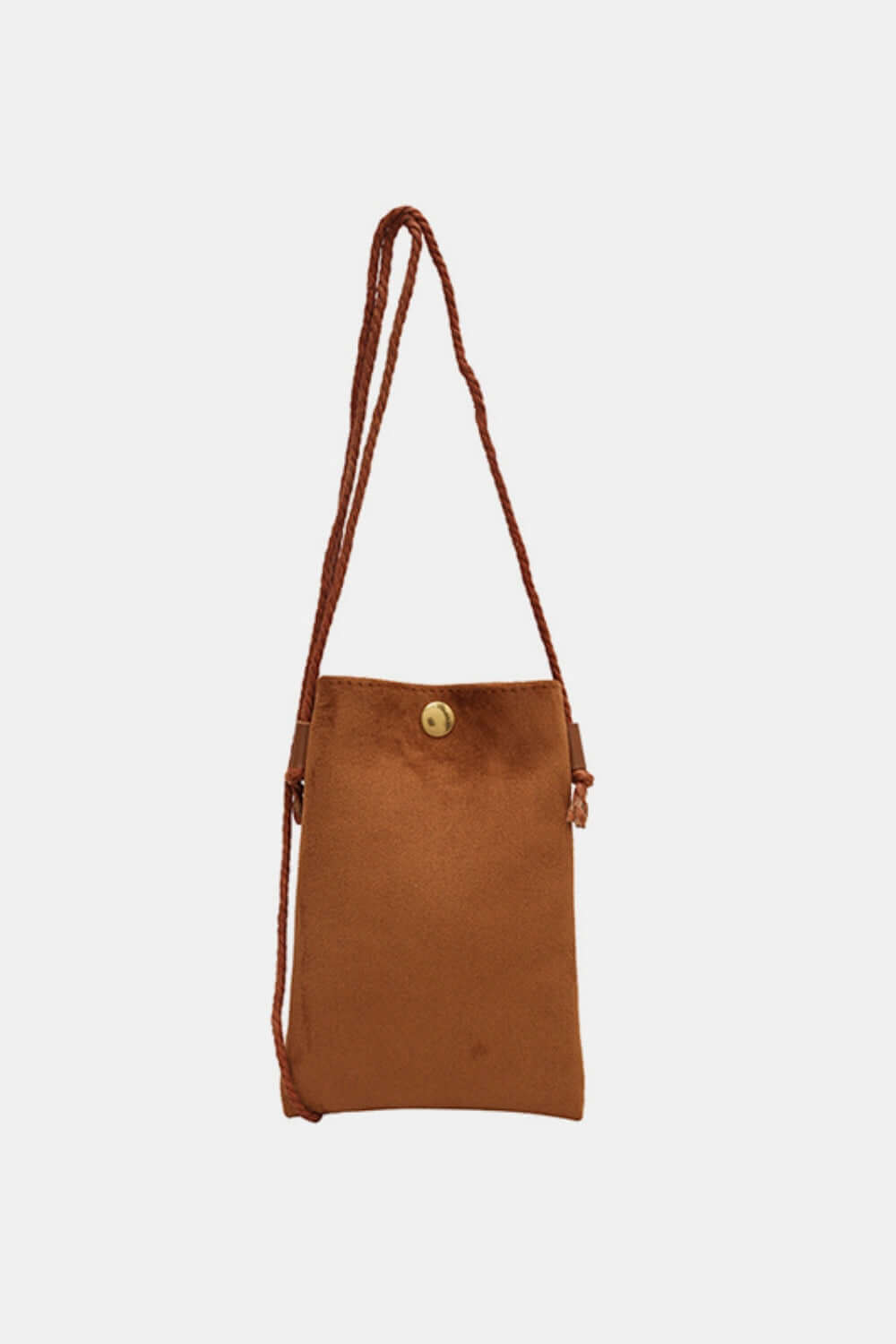 Bella Road Suede Snap Down Crossbody Bag in brown with a mini size and hands-free strap