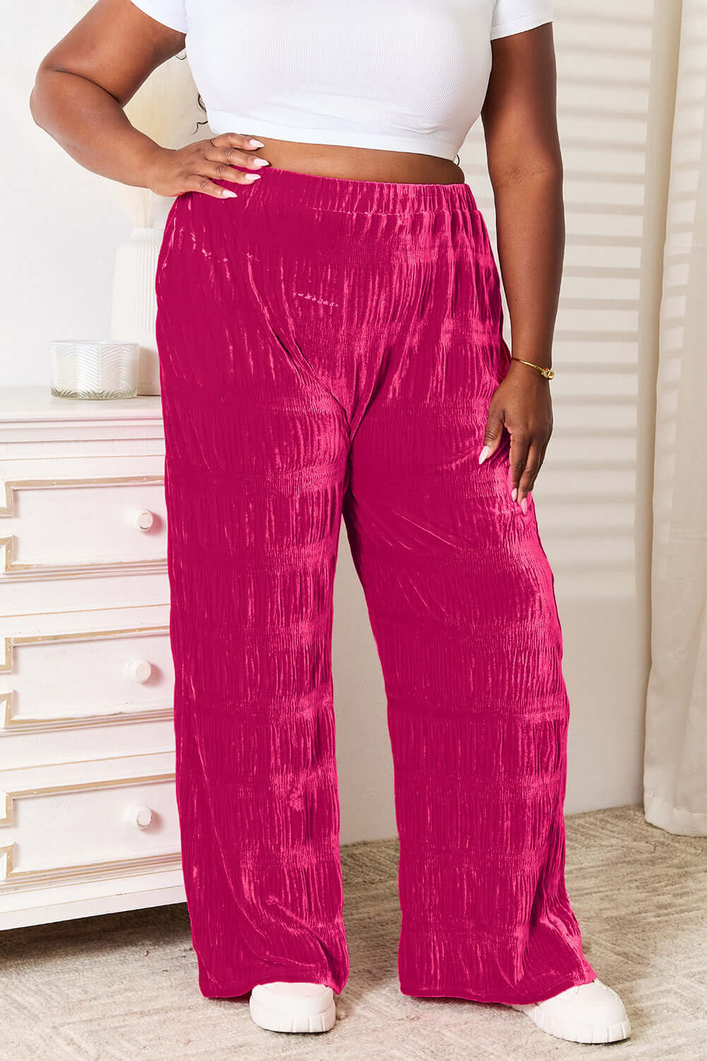 DOUBLE TAKE Full Size High Waist Tiered Shirring Velvet Wide Leg Pants at Bella Road