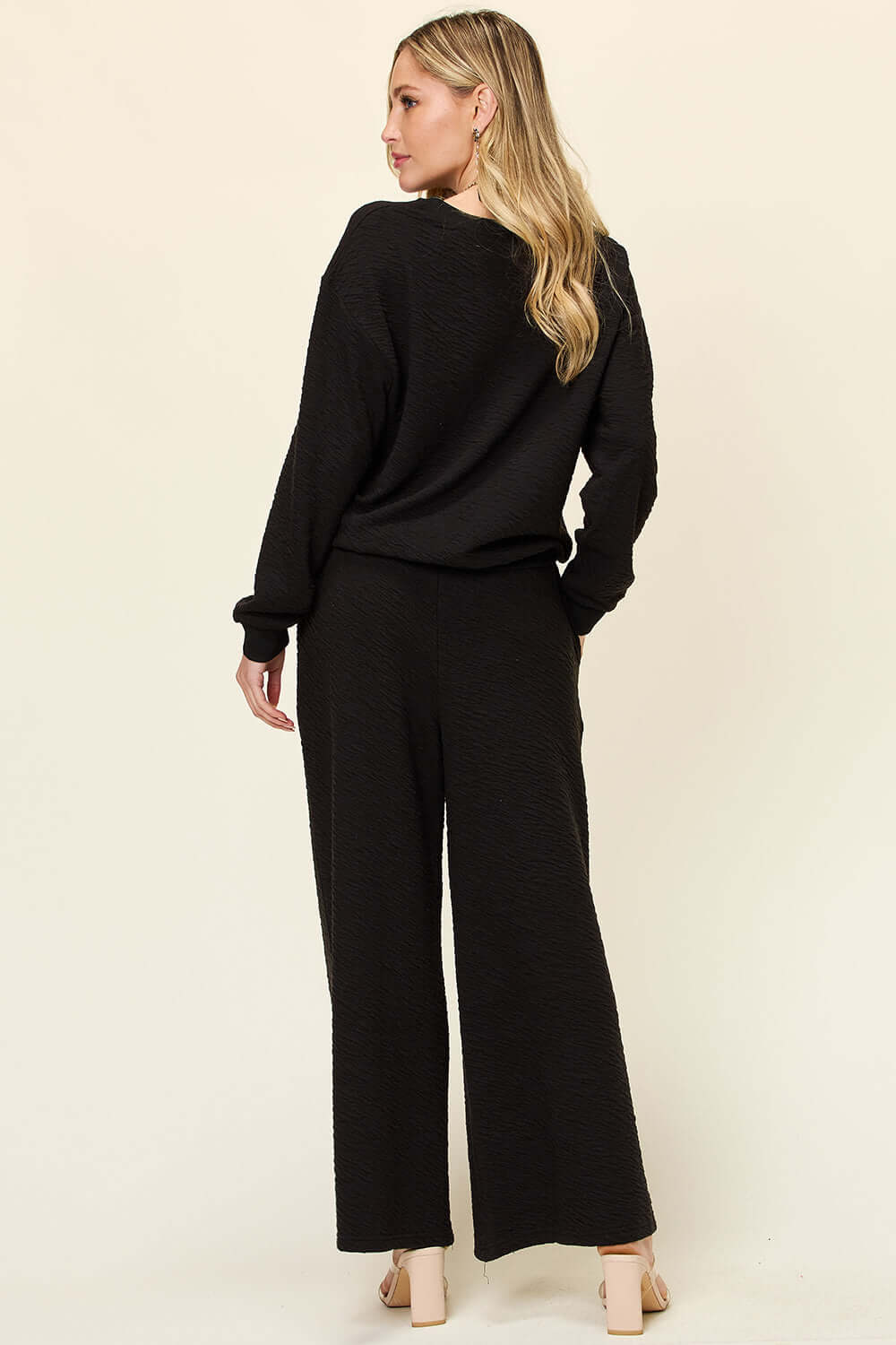 DOUBLE TAKE Full Size Texture Long Sleeve Top and Pants Set at Bella Road