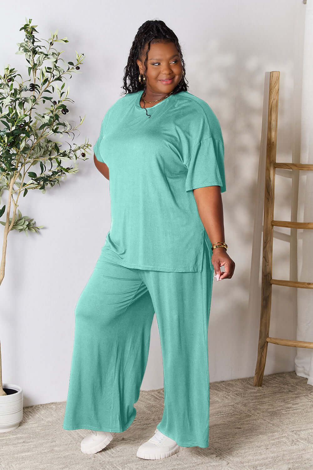 DOUBLE TAKE Full Size Round Neck Slit Top and Pants Set at Bella Road