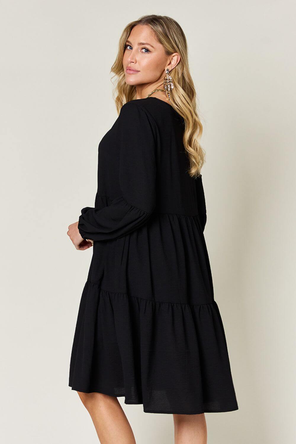 DOUBLE TAKE Full Size V-Neck Balloon Sleeve Tiered Dress at Bella Road