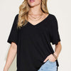 Bamboo Slit V-Neck Short Sleeve T-Shirt - Black