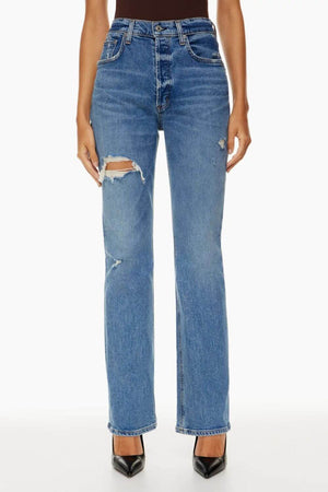 Distressed straight jeans with pockets, moderate stretch denim, front view on model