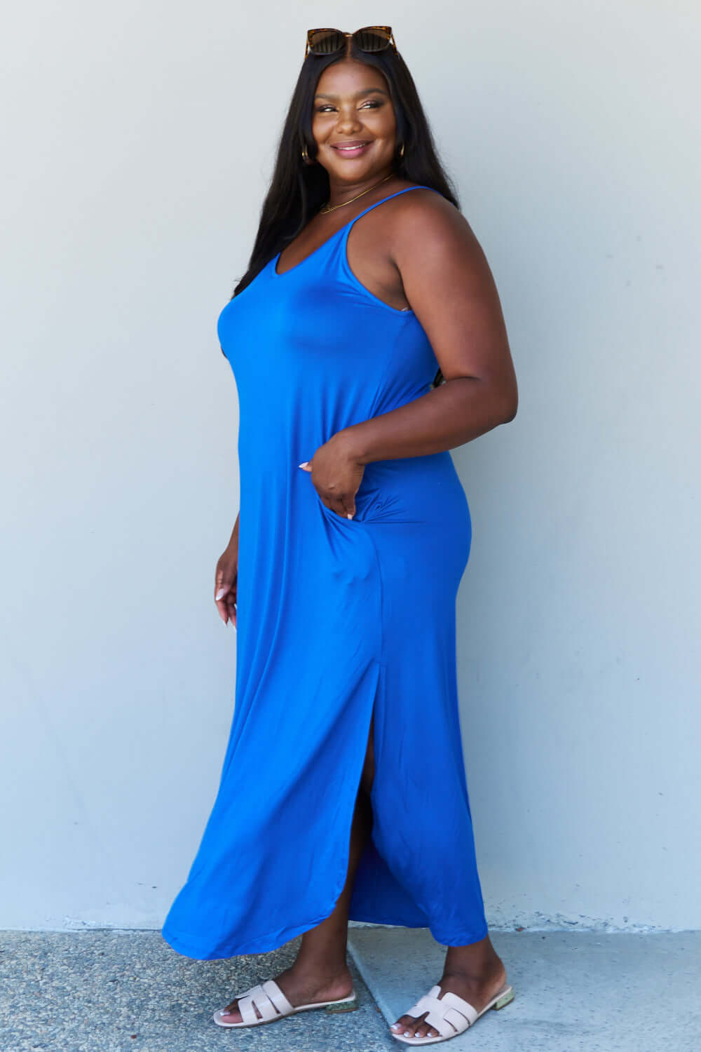 NINEXIS Good Energy Full Size Cami Side Slit Maxi Dress in Royal Blue at Bella Road