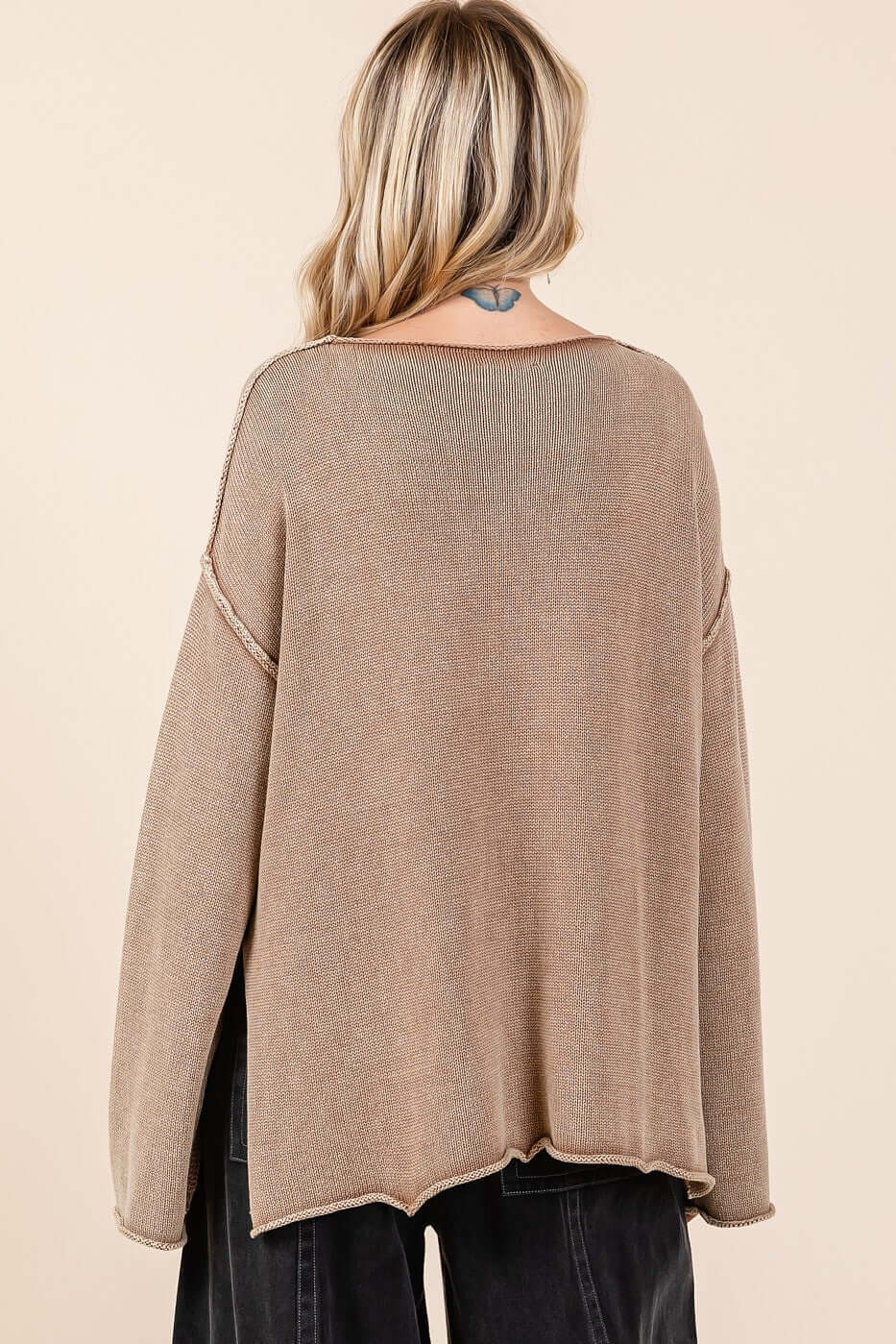 Mittoshop mineral wash sweater back view with patch pockets and cut edge detailing for casual chic style.