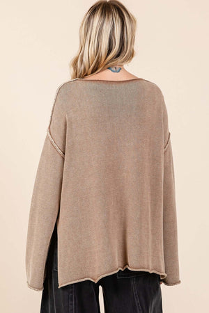 Mittoshop mineral wash sweater back view with patch pockets and cut edge detailing for casual chic style.