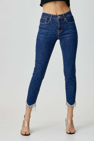 RISEN embellished mid rise crop skinny jeans showcasing footwear with trendy cropped length and stylish embellishments