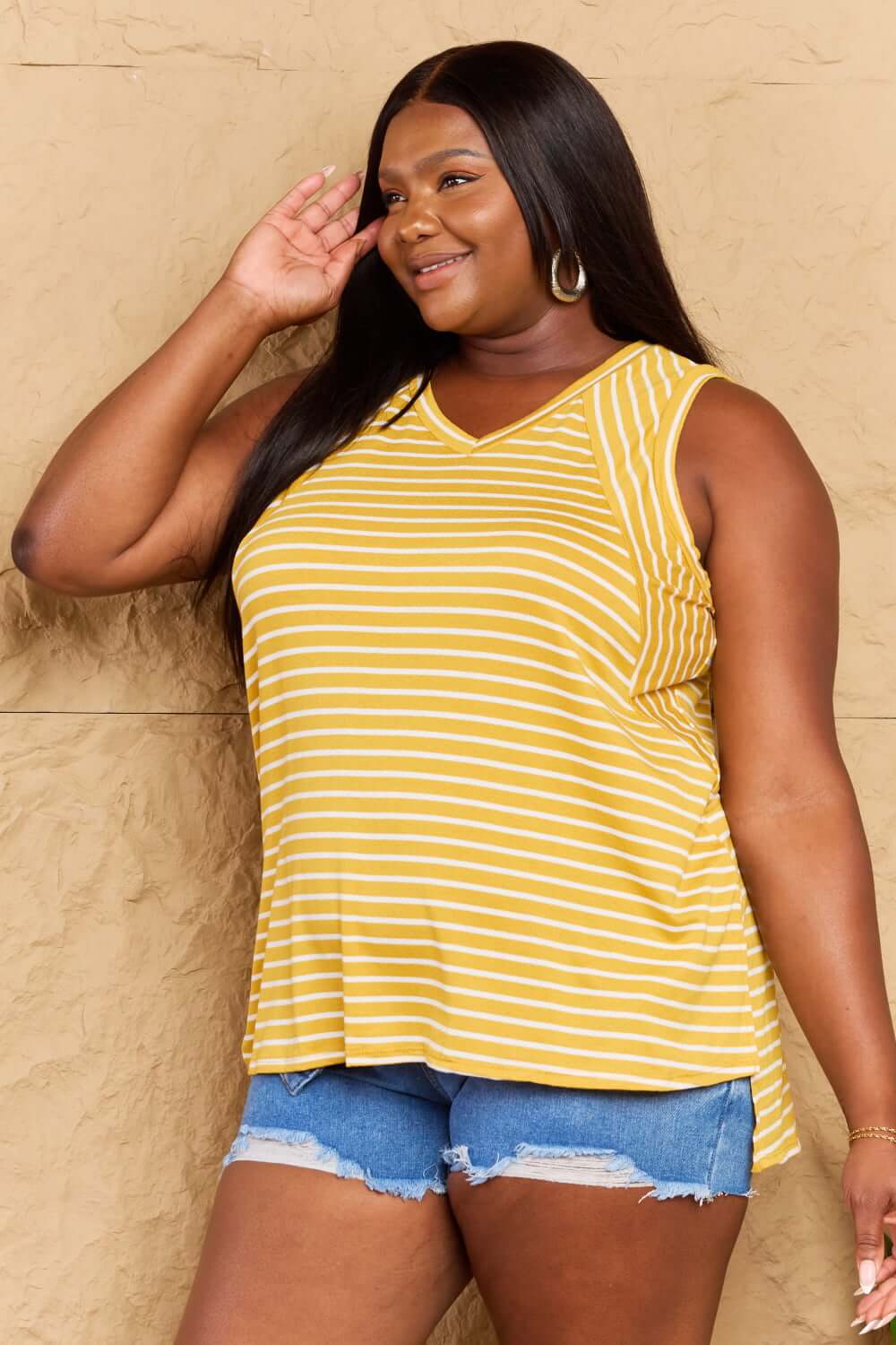 DOUBLJU Talk To Me Full Size Striped Sleeveless V-Neck Top at Bella Road