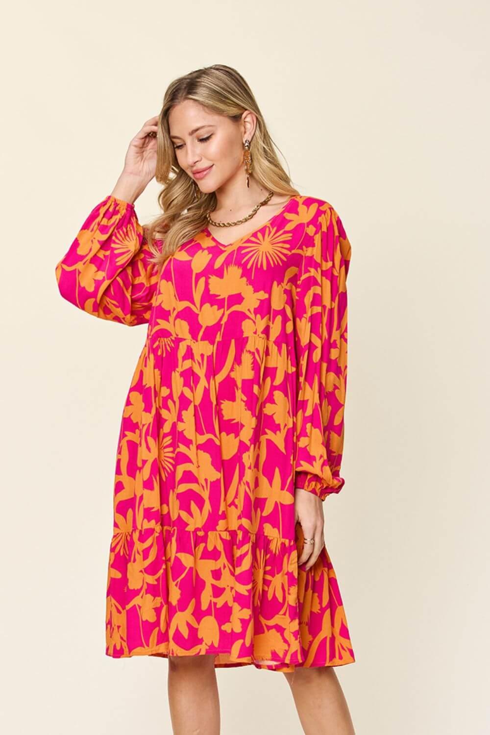 DOUBLE TAKE Full Size Printed Ruffle Hem Long Sleeve Dress at Bella Road