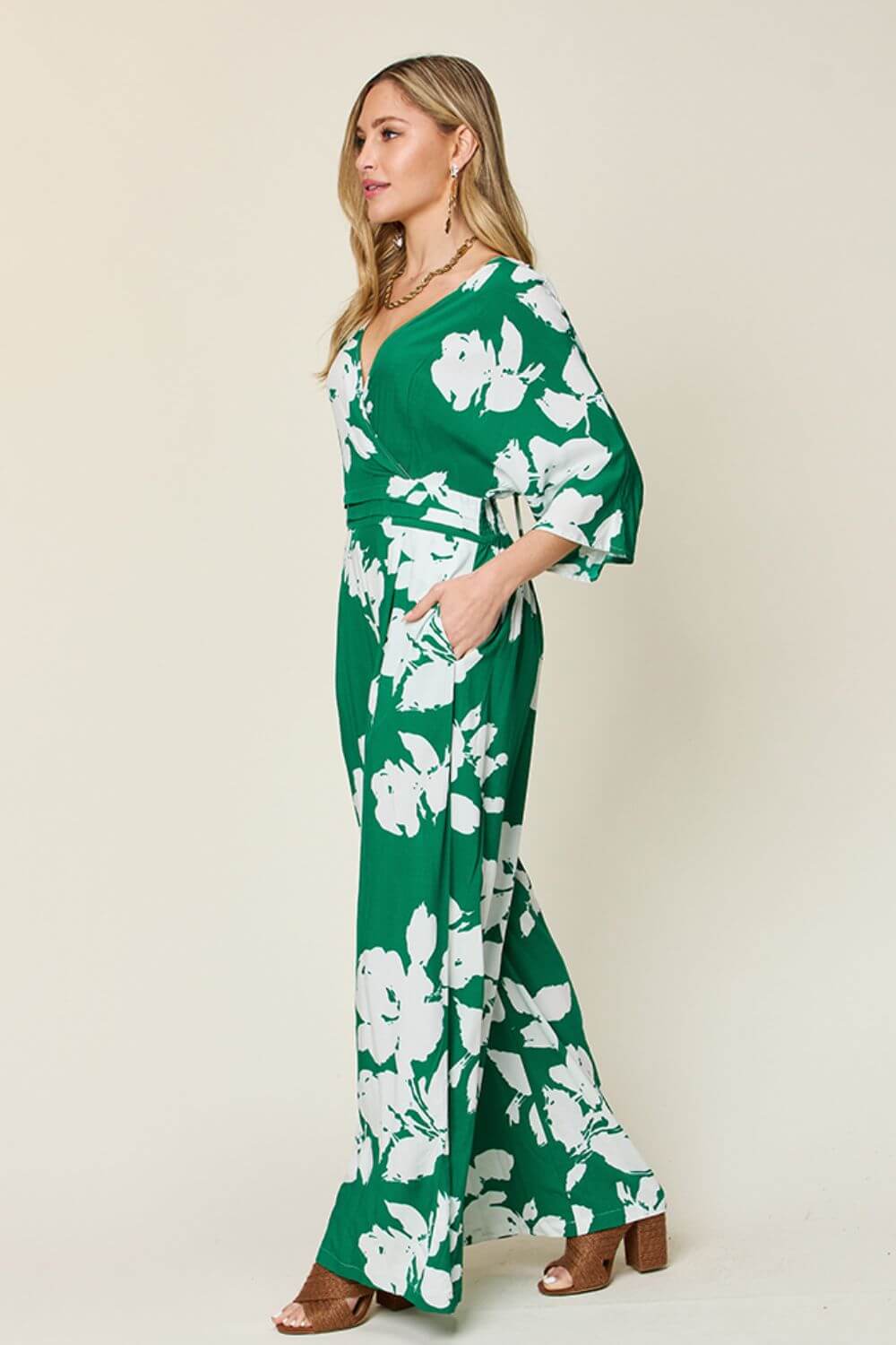 DOUBLE TAKE Full Size Printed Tie Back Wide Leg Jumpsuit at Bella Road