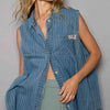 Button Down Sleeveless Striped Denim Shirt - Denim Multi