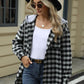 Woman wearing Bella Road Drawstring Plaid Long Sleeve Hooded Jacket with black hat and sunglasses