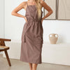 Adjustable Strap Waist Drawstring Cargo Midi Dress - Mocha