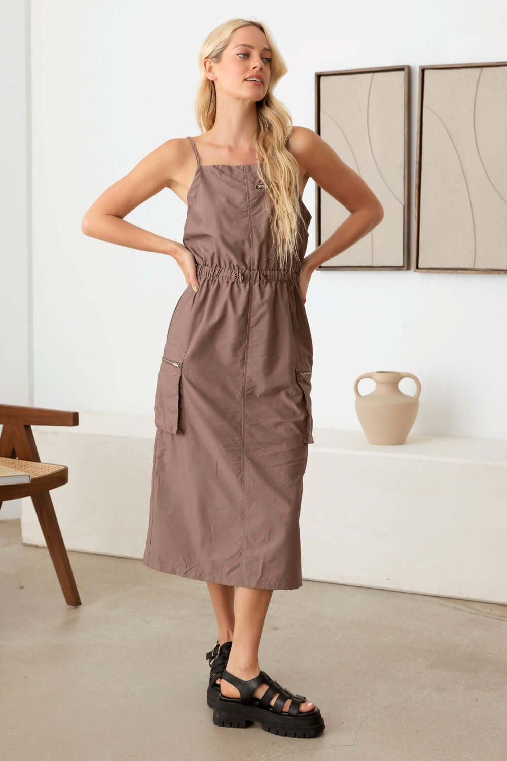 TASHA APPAREL Adjustable Strap Waist Drawstring Cargo Midi Dress at Bella Road