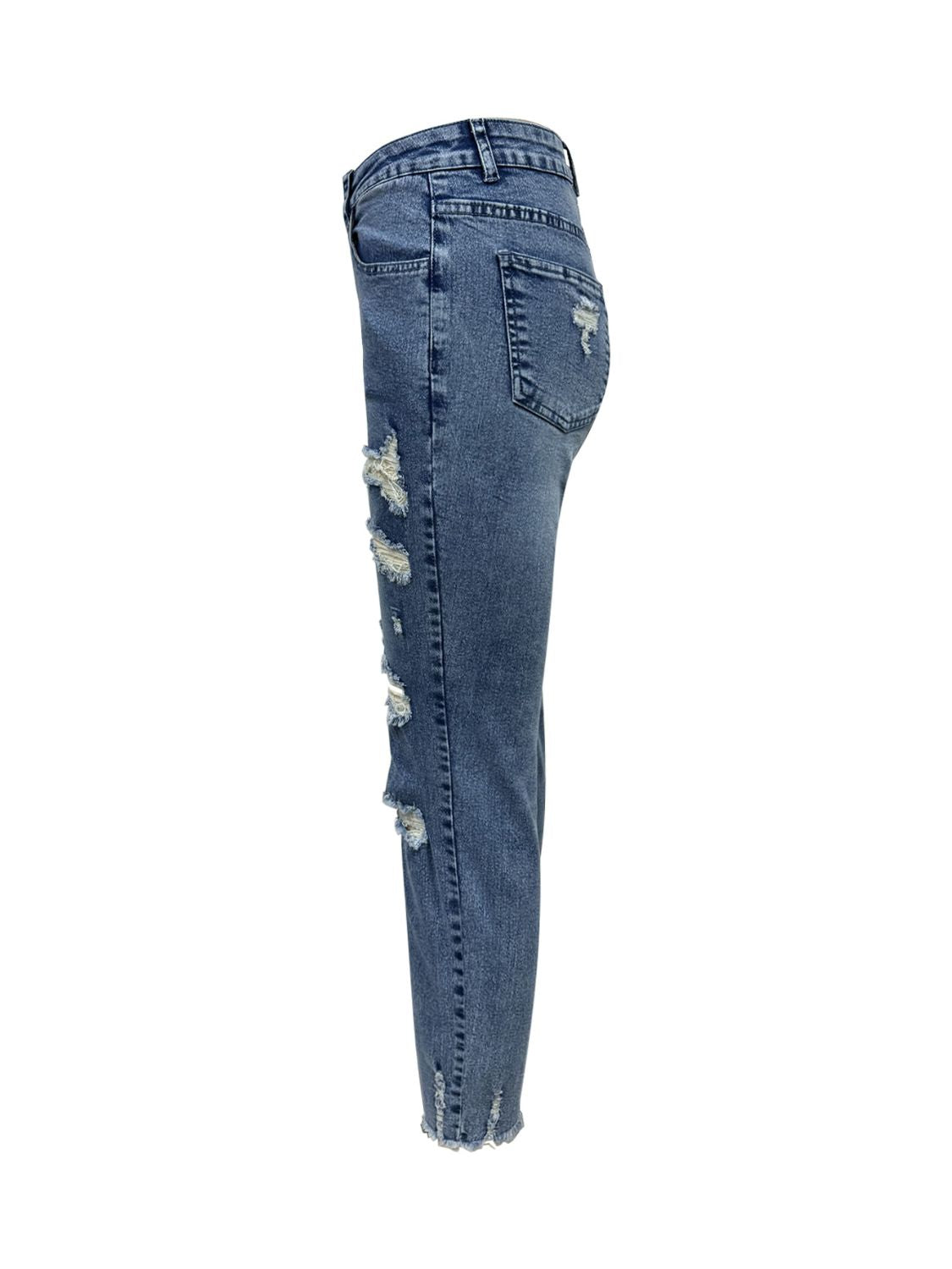 Side view of Bella Road Distressed Raw Hem Jeans with Pockets, showcasing edgy style and moderate stretch denim.