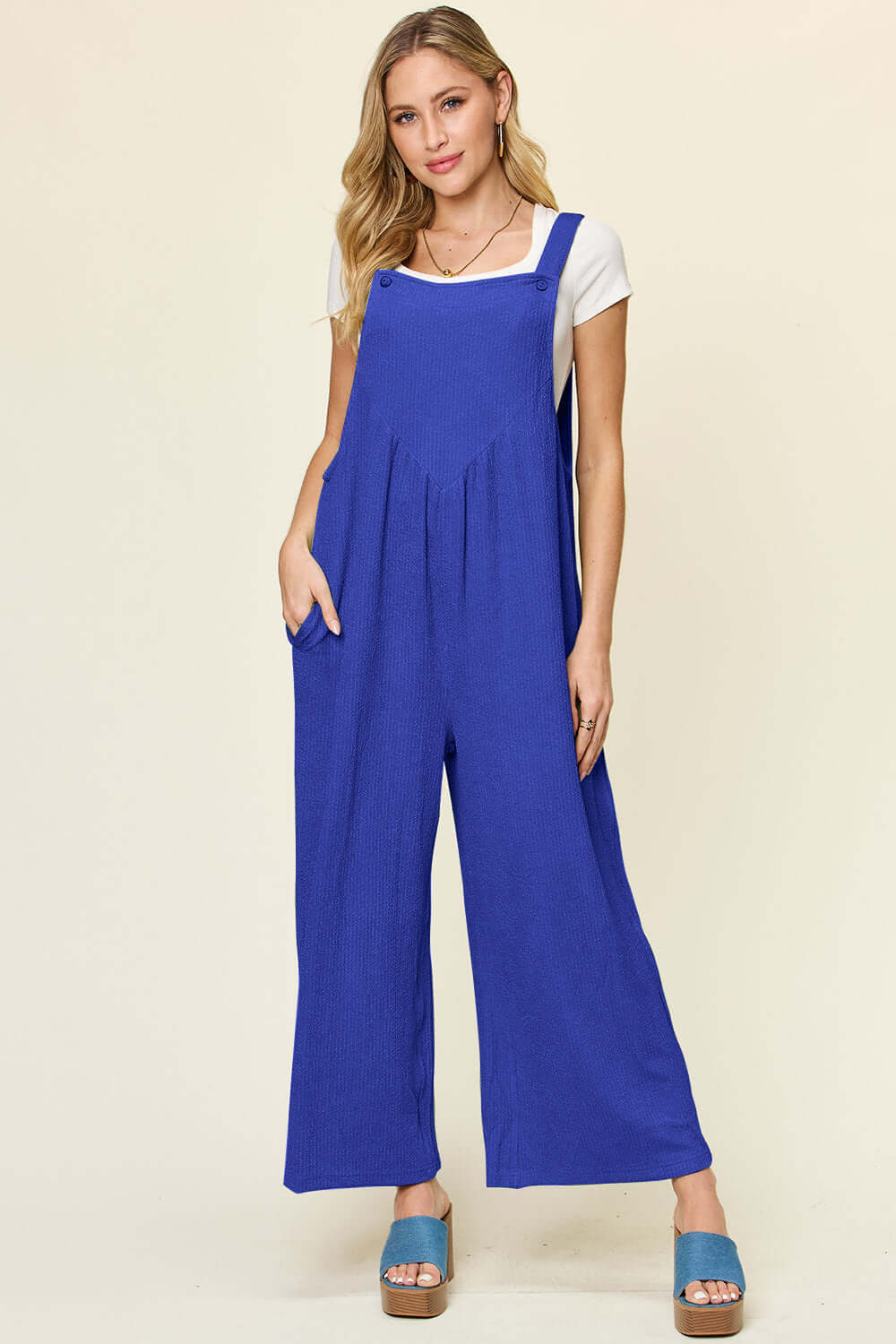 DOUBLE TAKE Full Size Texture Sleeveless Wide Leg Overall at Bella Road