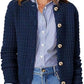 Woman wearing Bella Road Button Up Round Neck Long Sleeve Cardigan in navy blue layered over a striped shirt.