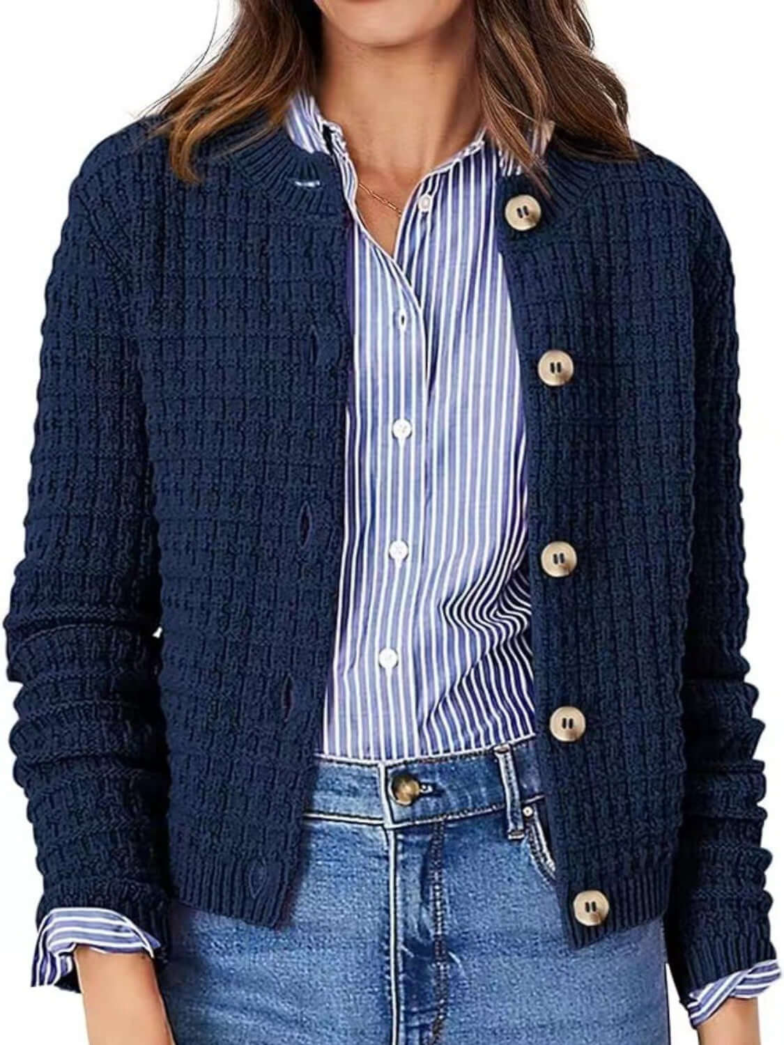 Woman wearing Bella Road Button Up Round Neck Long Sleeve Cardigan in navy blue layered over a striped shirt.