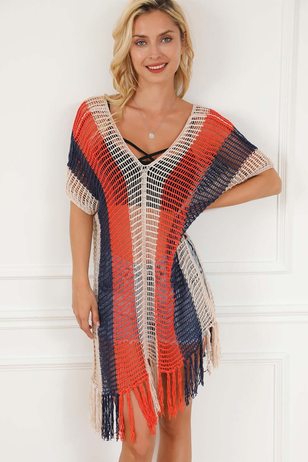 BELLA ROAD Tassel Color Block V-Neck Cover Up at Bella Road