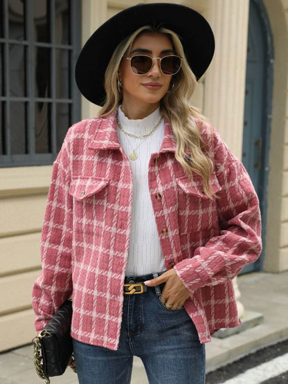 Woman wearing Bella Road Plaid Collared Neck Long Sleeve Jacket with sunglasses and black hat, standing outside a building