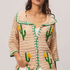 Edge Stitched Cactus Patch Sweater Cardigan - Oatmeal/Green