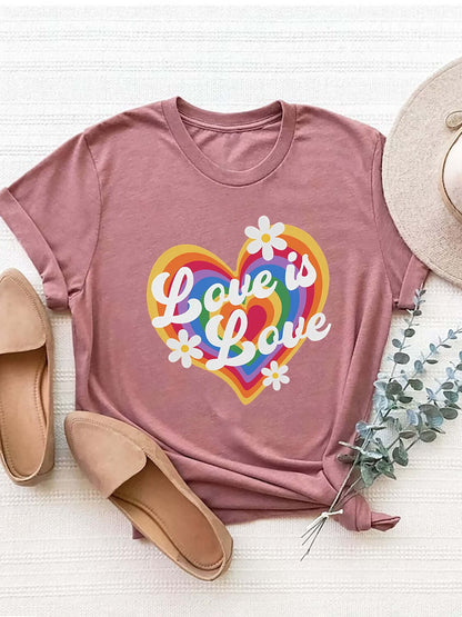 Graphic round neck short sleeve t-shirt with "Love is Love" rainbow heart design. Opaque, slightly stretchy polyester material.