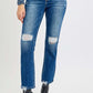 High Rise Distressed Crop Straight Jeans with edgy ripped knees and flattering fit, styled with black heeled boots for a chic look.