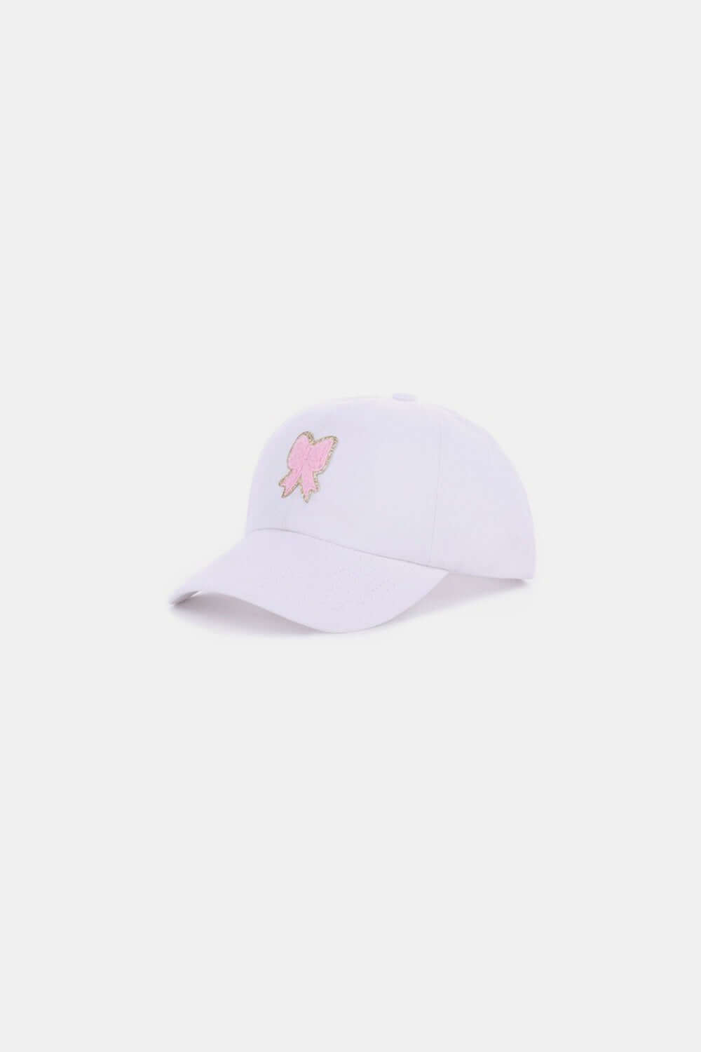 Ribbon Bow Chenille Patch Baseball Cap in white with pink bow detail, elegant and chic design, adjustable strap for custom fit.