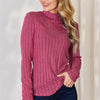 Ribbed Mock Neck Long Sleeve T-Shirt - Hot Pink