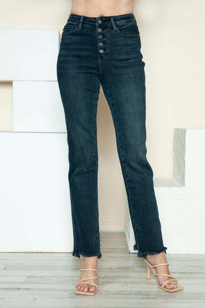 Judy Blue button fly distressed straight jeans with modern flair and durable denim for stylish comfort.