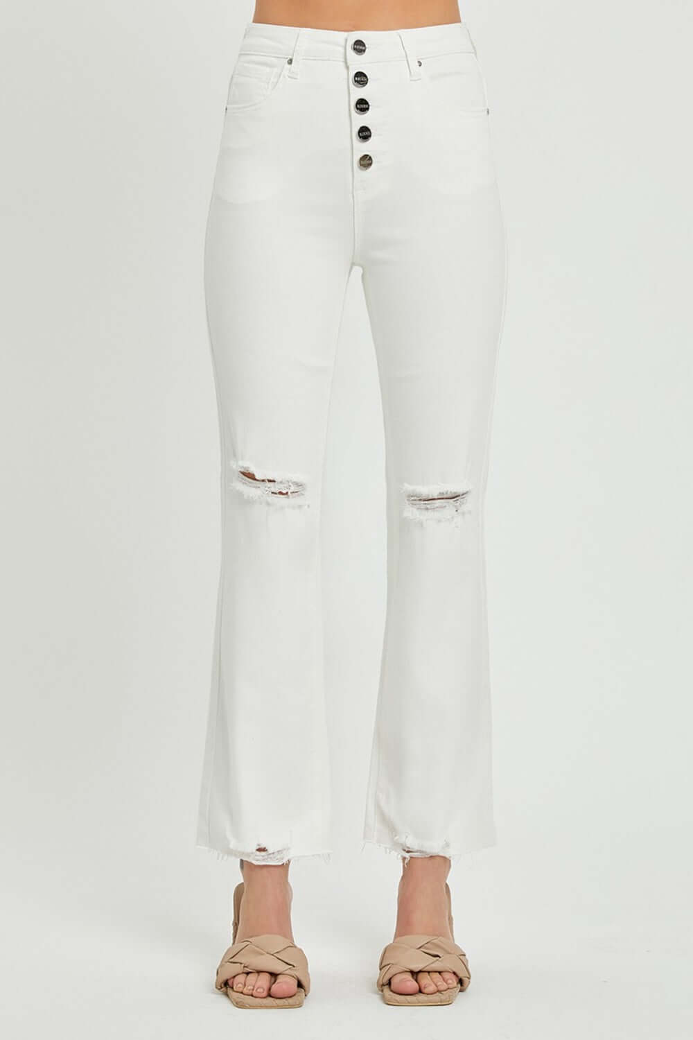 High rise button fly straight ankle jeans by Risen Jeans in white, showcasing stylish vintage charm and versatile, flattering fit.