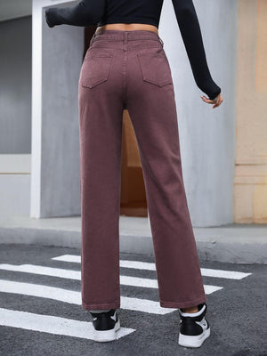 Back view of Bella Road Denim Straight Leg Jeans in dark brown, showcasing pockets and stylish fit for casual outings.