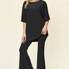 Round Neck Drop Shoulder T-Shirt and Flare Pants Set | Full Size - Black