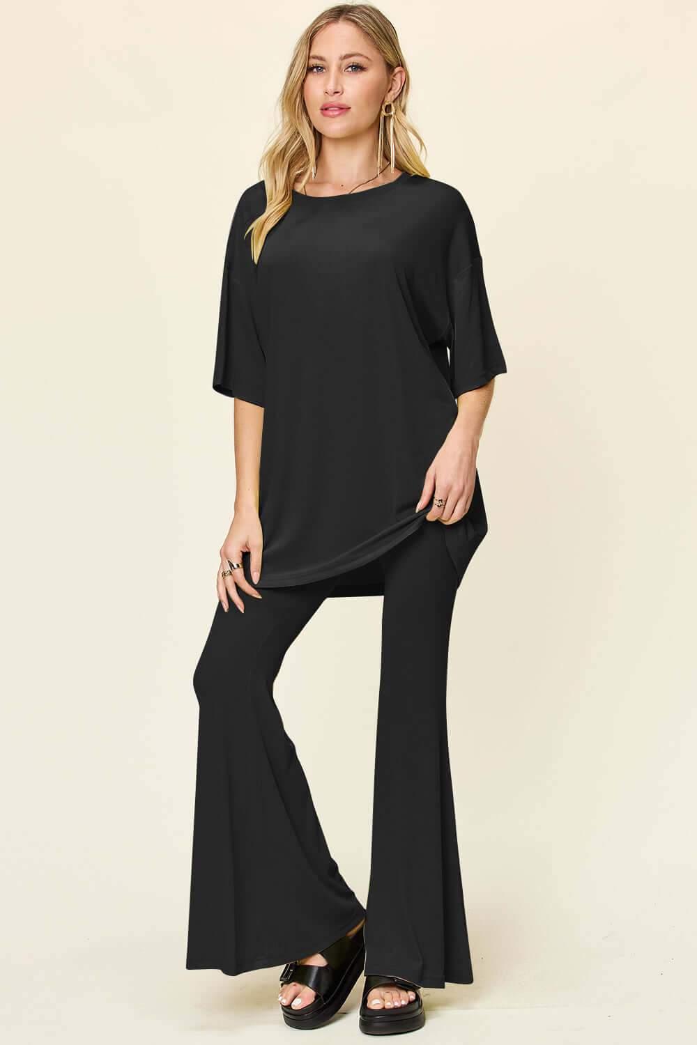 DOUBLE TAKE Full Size Round Neck Drop Shoulder T-Shirt and Flare Pants Set at Bella Road