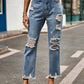 Woman wearing Bella Road Distressed Raw Hem Jeans with Pockets, showcasing the slightly stretchy, pocketed, and ripped design in a street setting.