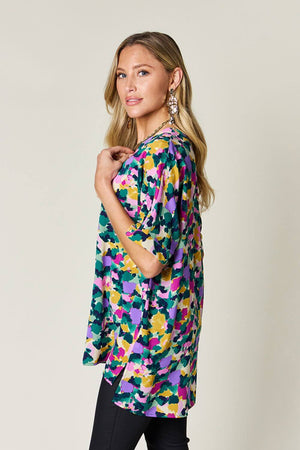 DOUBLE TAKE Full Size Printed V-Neck Short Sleeve Blouse at Bella Road