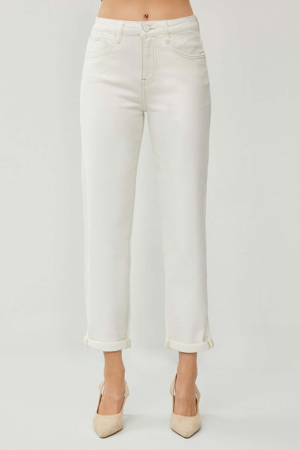 RISEN Full Size High Waist Rolled Hem Straight Jeans in white, trendy and casual, made from premium denim for comfort and durability.