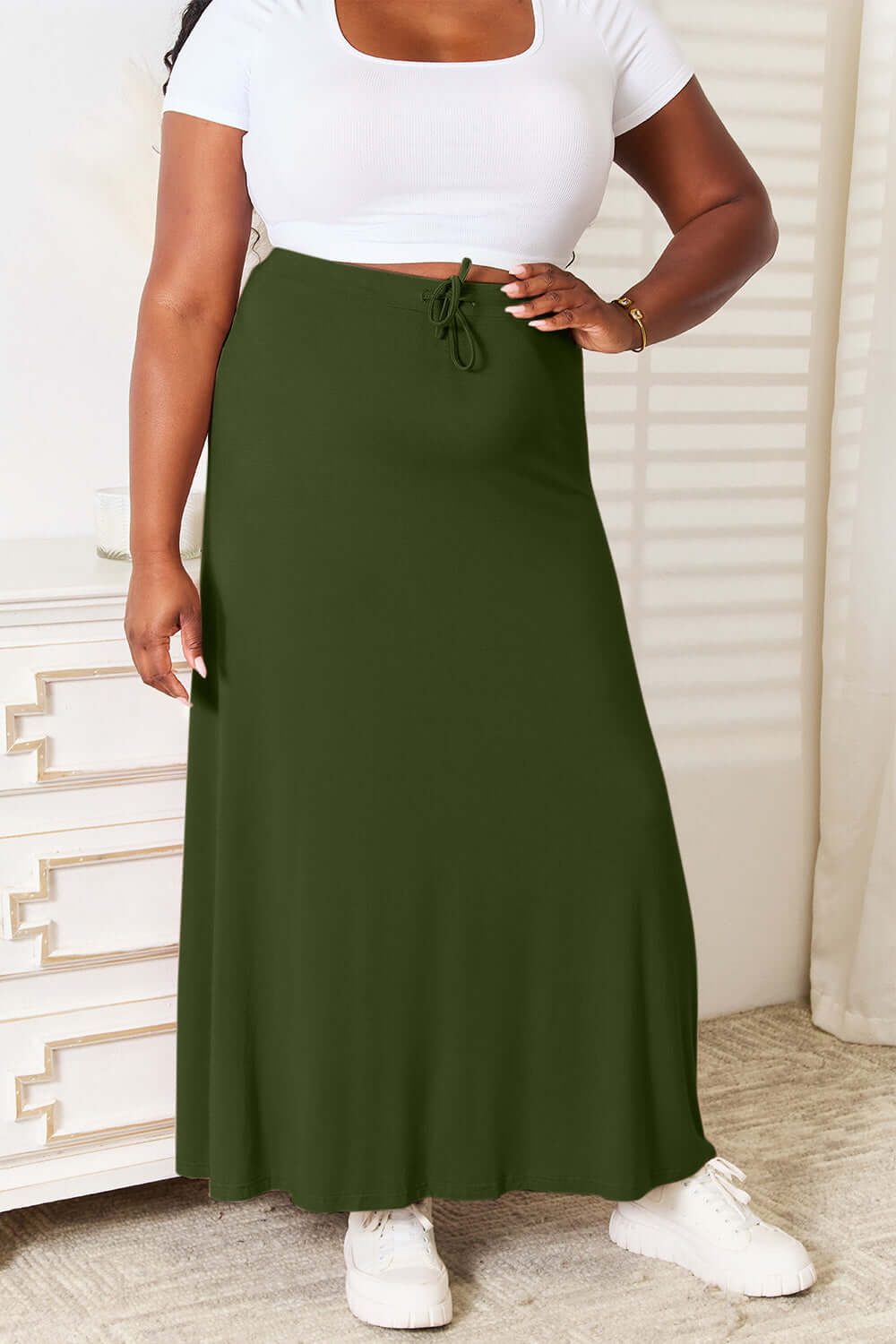 DOUBLE TAKE Full Size Soft Rayon Drawstring Waist Maxi Skirt Rayon at Bella Road